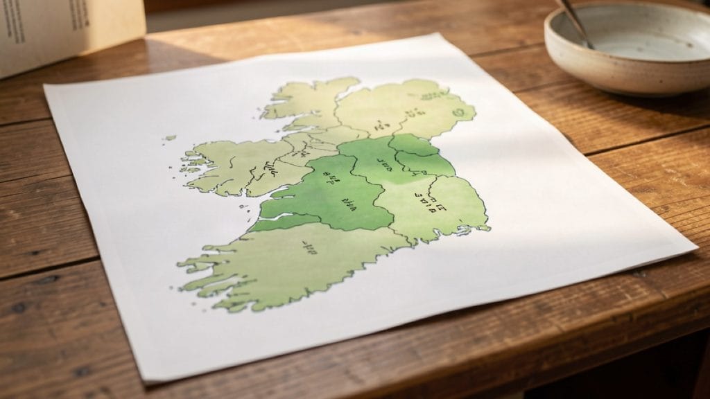 Map of Ireland with the three Gaeltacht regions highlighted in soft tones