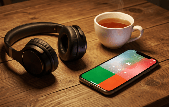 Over-ear headphones beside a cup of tea next to a phone playing audio on a wooden table