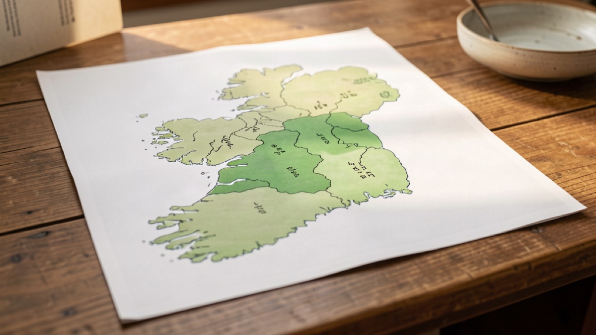 Map of Ireland with the three Gaeltacht regions highlighted in soft tones