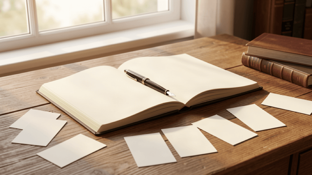 Open notebook and fountain pen on a wooden desk with scattered blank vocabulary flashcards in morning light