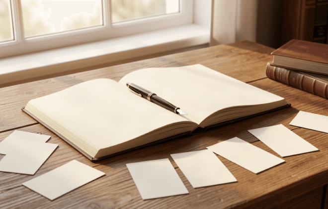 Open notebook and fountain pen on a wooden desk with scattered blank vocabulary flashcards in morning light