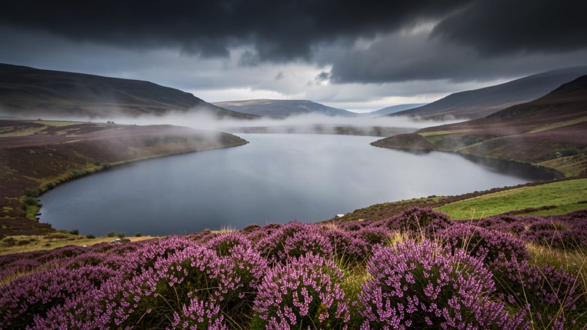 A Scottish Highland landscape with mist over a loch and heather
