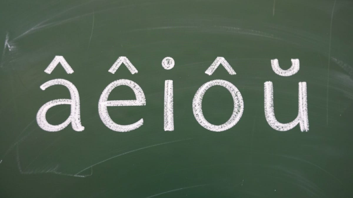Close-up of Irish vowels with fada accents written on a chalkboard