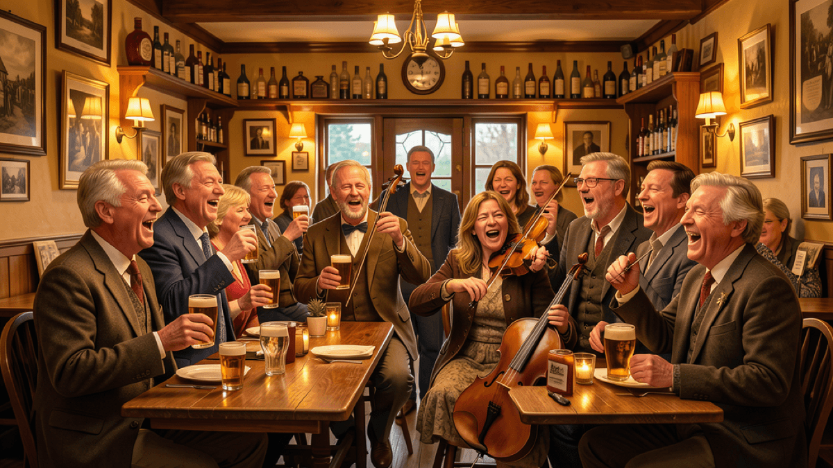 A group singing together in a warm traditional Irish pub with a fiddle player in amber light