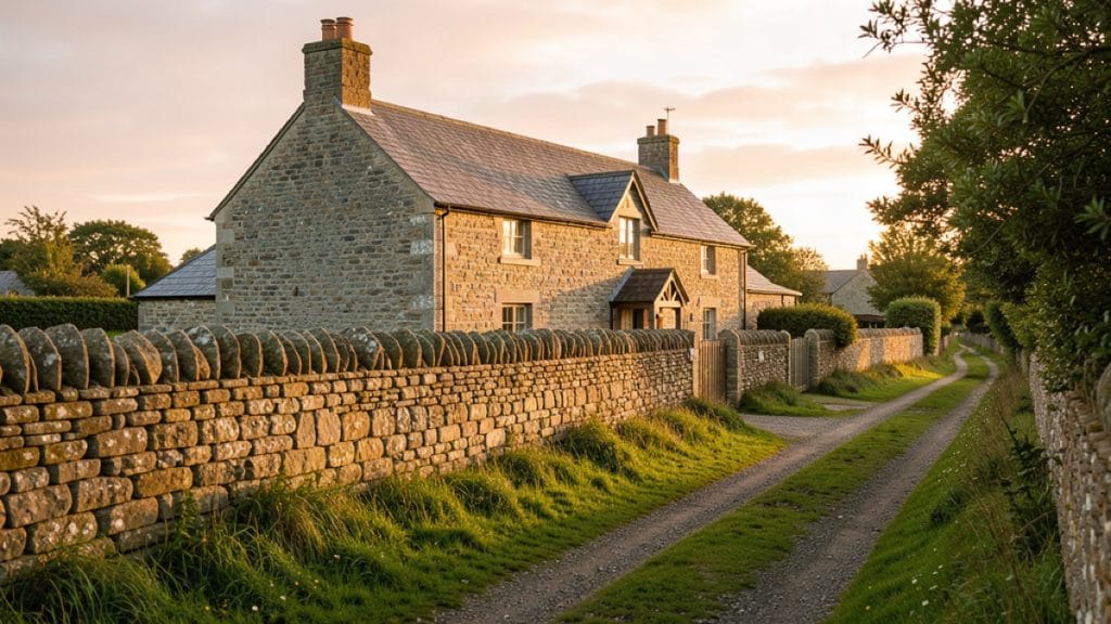 An Irish stone cottage with a hand-painted fada accent on a sign