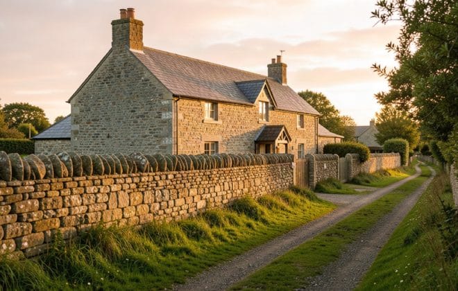 An Irish stone cottage with a hand-painted fada accent on a sign