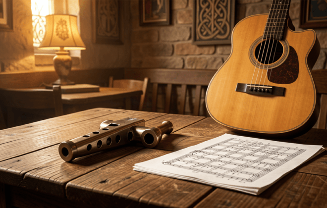 Traditional Irish tin whistle lying on a rustic wooden table beside a guitar and a folded blank music sheet