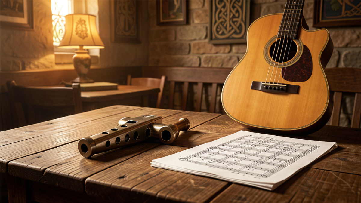 Traditional Irish tin whistle lying on a rustic wooden table beside a guitar and a folded blank music sheet