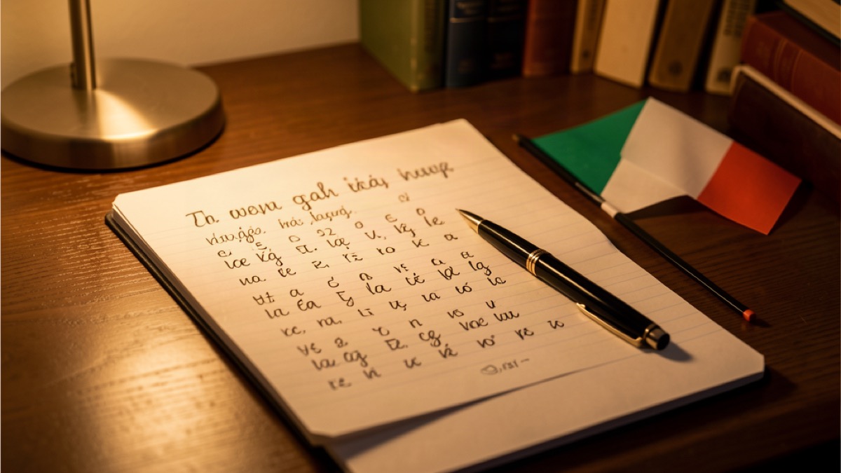 Handwritten Irish verb conjugation notes with a pen on a study desk