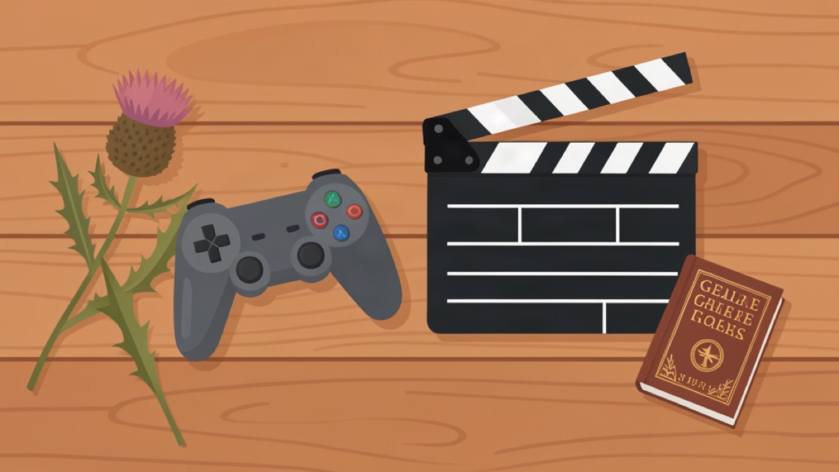 Wooden table with a video game controller, a clapperboard and a Gaelic dictionary