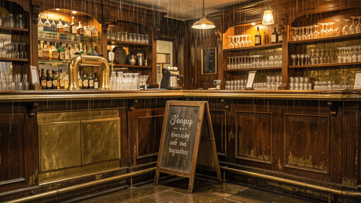 Old Irish pub counter with brass details and warm glowing shelves of glasses