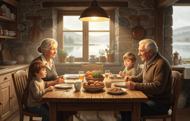 Scottish Highland family gathered around a kitchen table in a stone croft with a soft lit window
