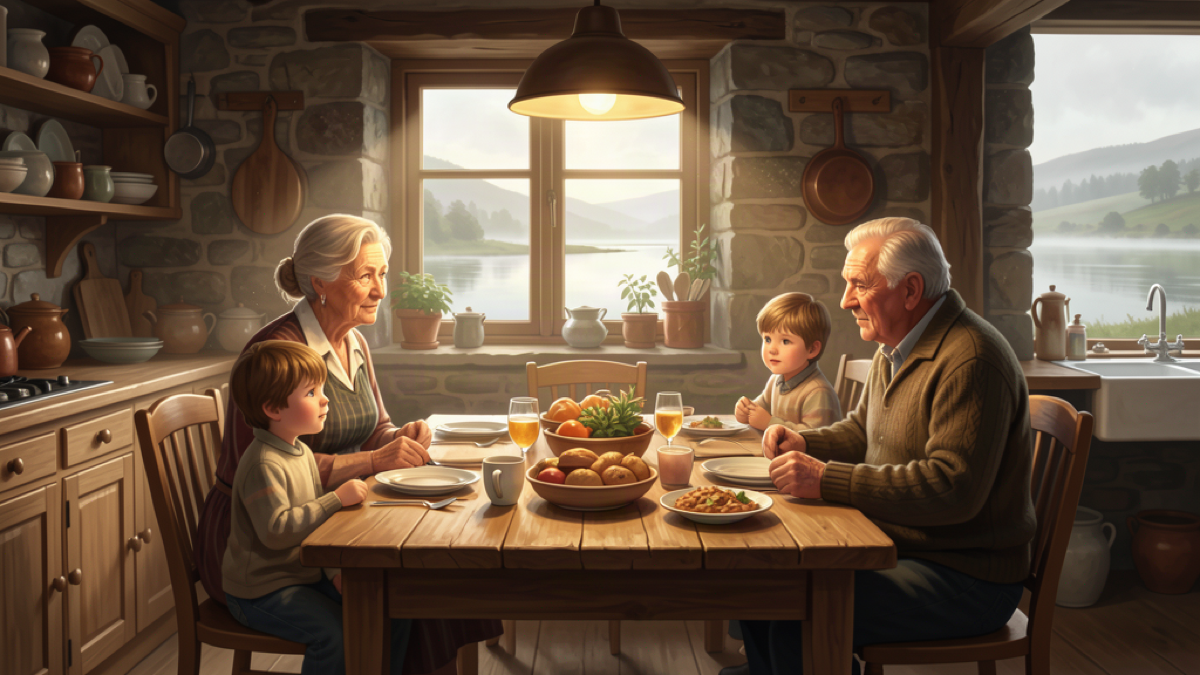Scottish Highland family gathered around a kitchen table in a stone croft with a soft lit window