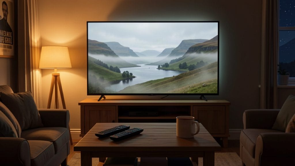 Cozy living room at night with a glowing TV showing a misty Scottish Highland glen