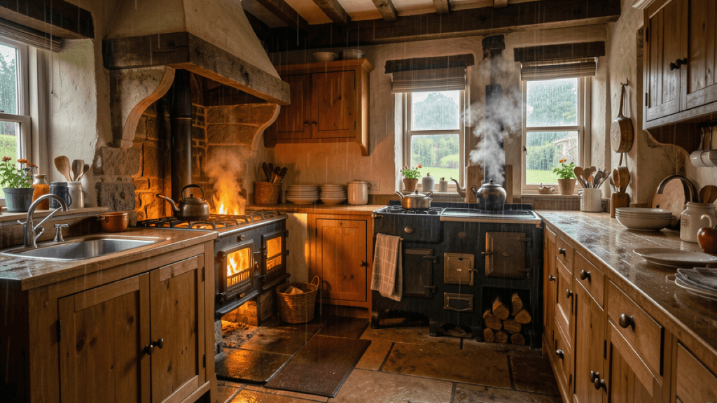 Cozy Irish cottage kitchen on a rainy day with a warm turf fire and a steaming kettle
