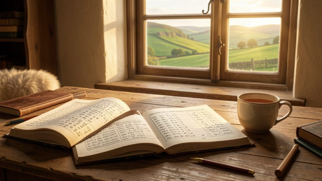 Open Irish grammar books with verb tables on a wooden table with green Irish hills outside a cottage window