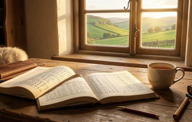 Open Irish grammar books with verb tables on a wooden table with green Irish hills outside a cottage window