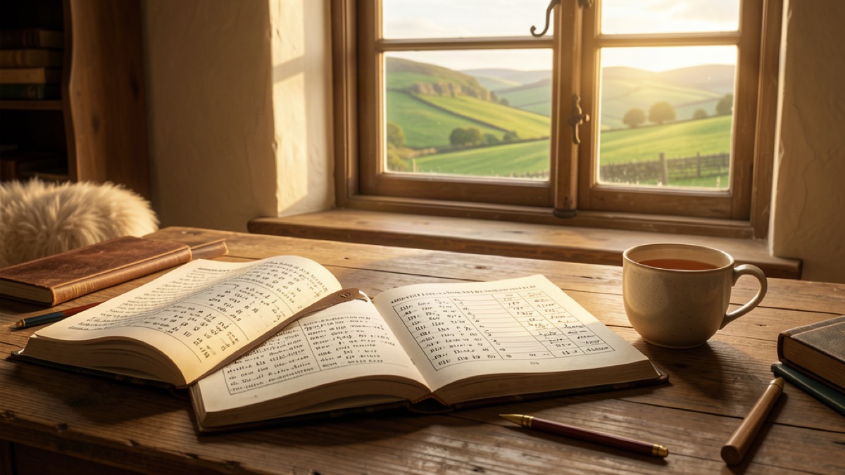 Open Irish grammar books with verb tables on a wooden table with green Irish hills outside a cottage window
