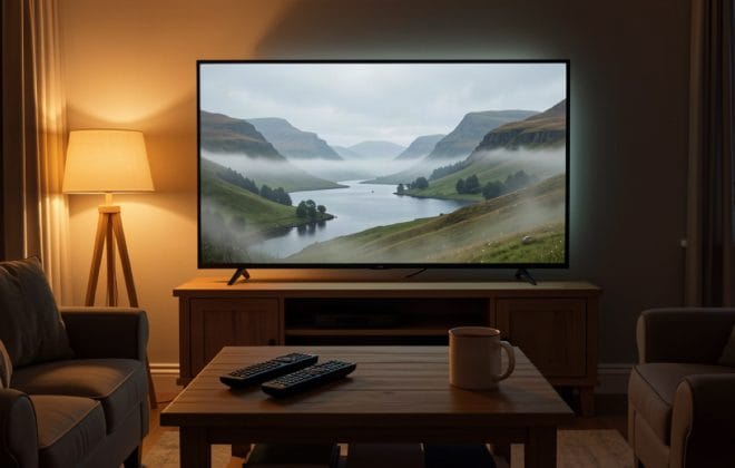 Cozy living room at night with a glowing TV showing a misty Scottish Highland glen