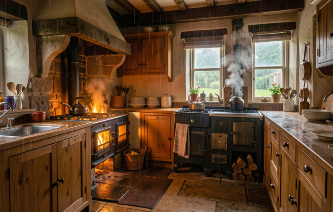 Cozy Irish cottage kitchen on a rainy day with a warm turf fire and a steaming kettle