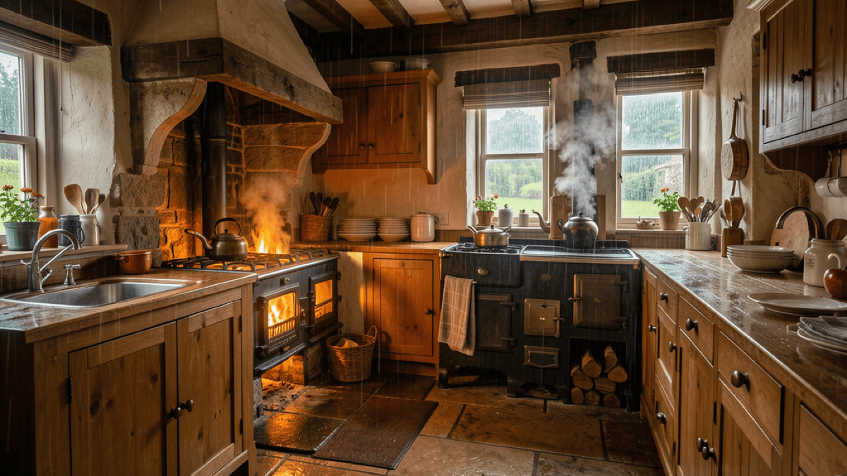 Cozy Irish cottage kitchen on a rainy day with a warm turf fire and a steaming kettle