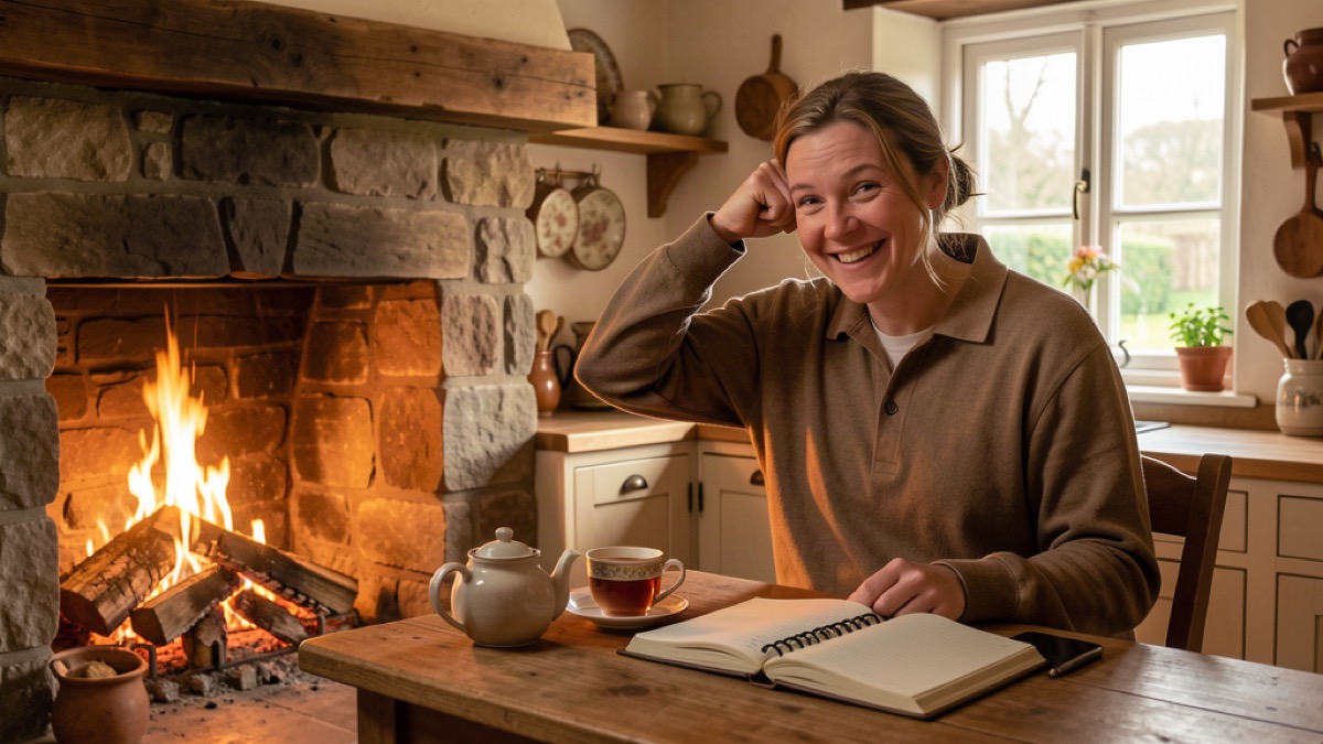 A laptop showing an online Irish conversation group with language books and tea on the table