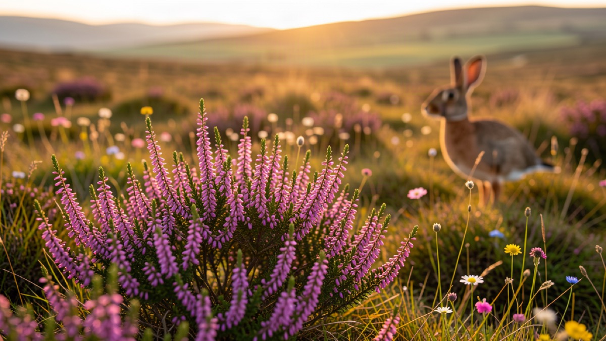 Purple heather in bloom on a Scottish moor in golden afternoon light