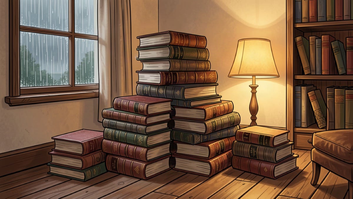 Toppled tower of old Gaelic books on a wooden floor by a rainy window