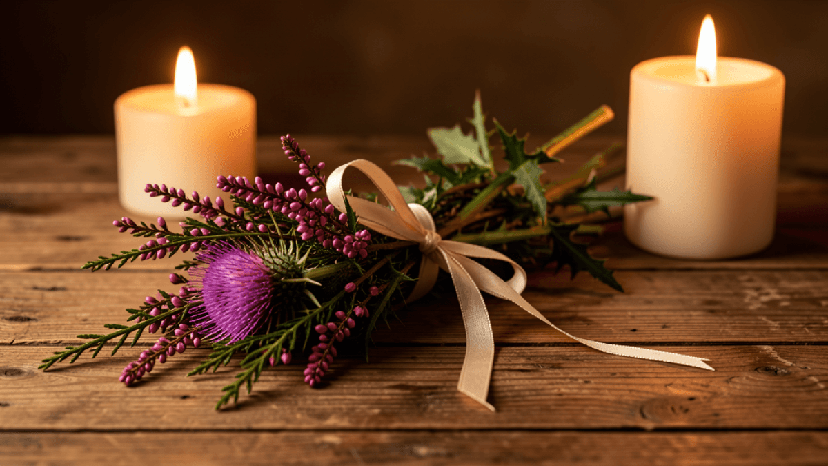 Scottish thistle and heather tied with a ribbon on a rustic wooden table by candlelight