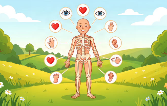 Friendly anatomical figure illustration with hearts and body part icons over green Irish countryside