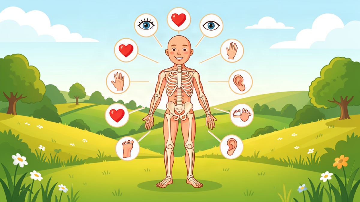 Friendly anatomical figure illustration with hearts and body part icons over green Irish countryside