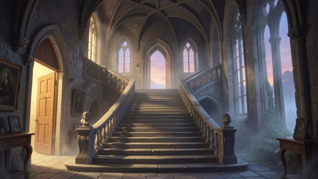 Surreal memory palace staircase inside an old Scottish stone house with glowing doorways