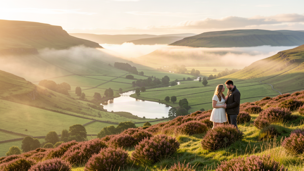 Romantic Scottish Highland glen at golden hour with mist rolling over green hills