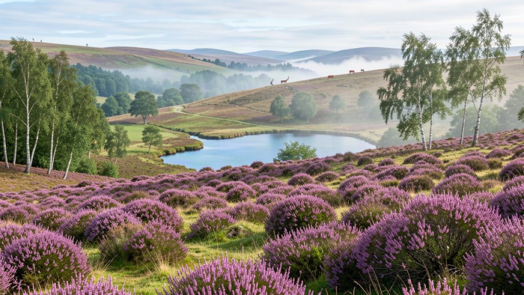 Scottish Highland landscape with purple heather and red deer beside a blue loch