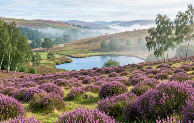 Scottish Highland landscape with purple heather and red deer beside a blue loch