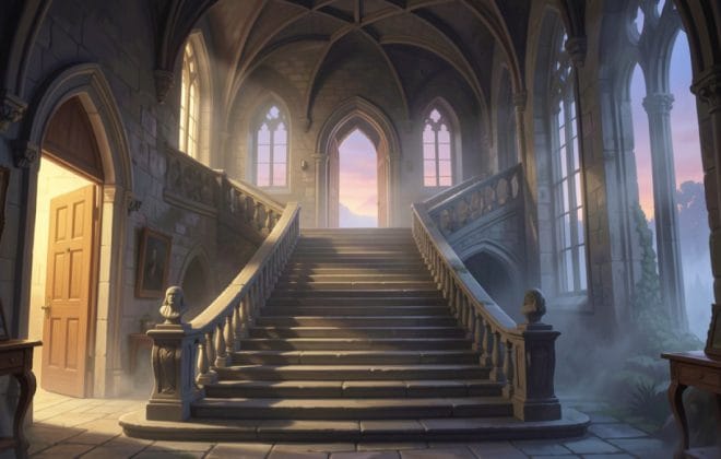 Surreal memory palace staircase inside an old Scottish stone house with glowing doorways