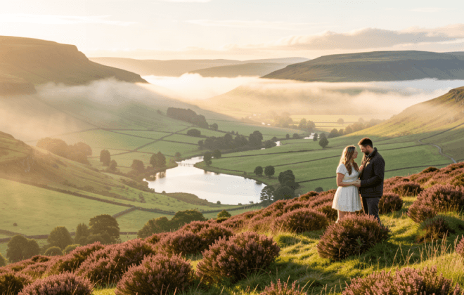 Romantic Scottish Highland glen at golden hour with mist rolling over green hills