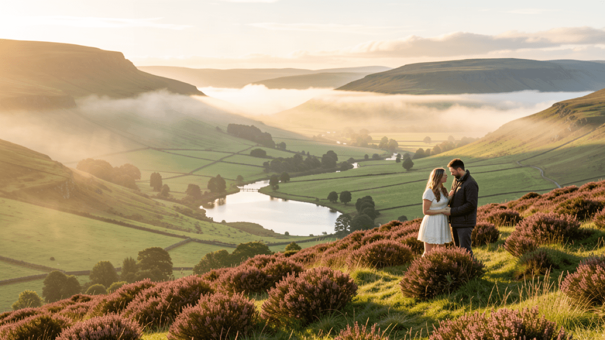 Romantic Scottish Highland glen at golden hour with mist rolling over green hills