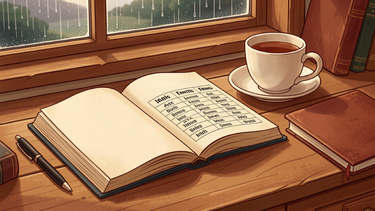Open Gaelic phrasebook on a desk with a pen and cup of tea while it rains outside