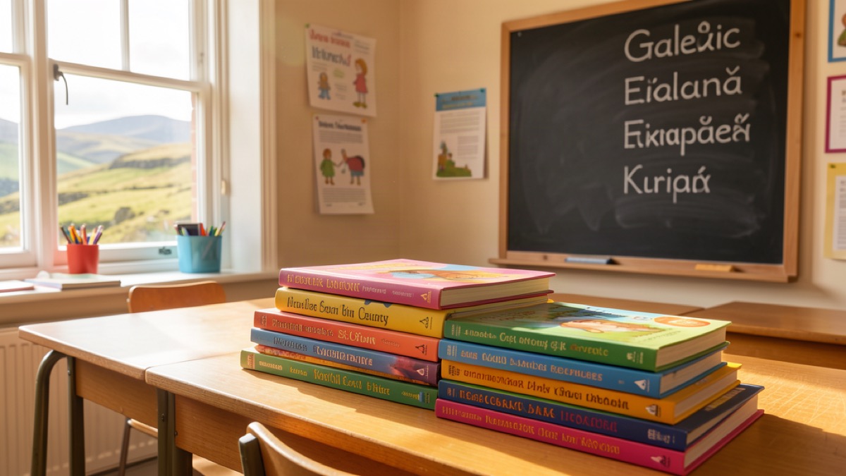 Gaelic children books and language resources on a sunny classroom desk