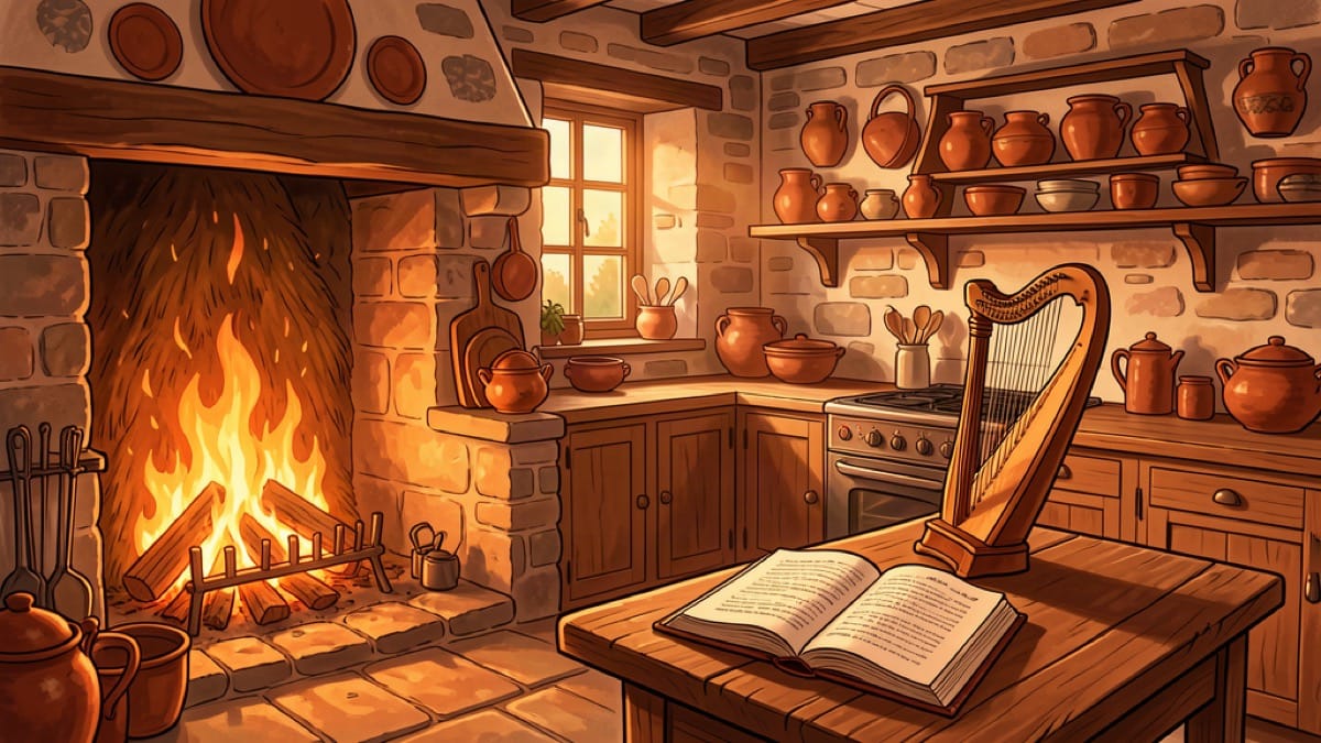 Cozy Irish cottage kitchen with a turf fire, an open phrasebook and a small harp