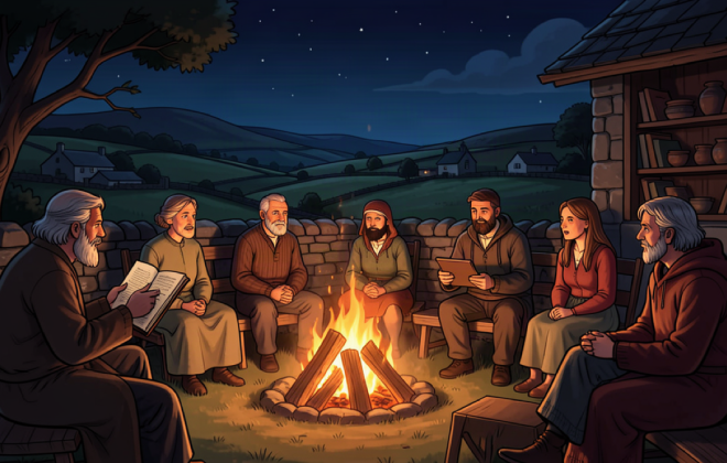 Storyteller by a fire recounting a tale to an audience in an Irish countryside at night