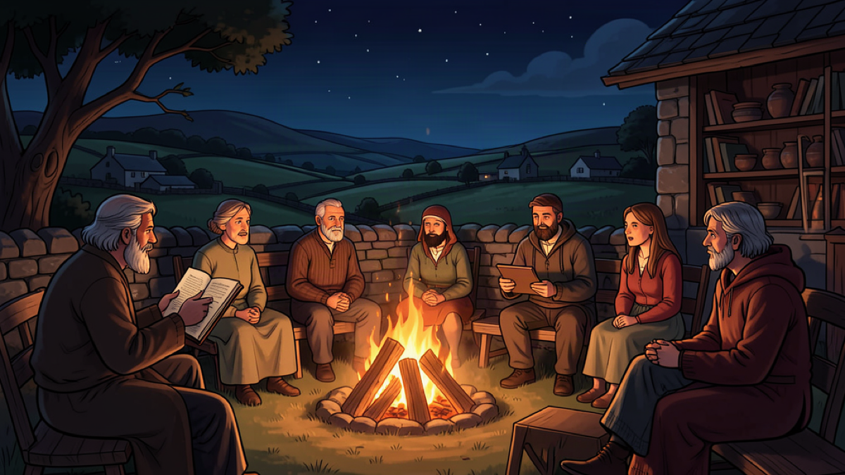 Storyteller by a fire recounting a tale to an audience in an Irish countryside at night
