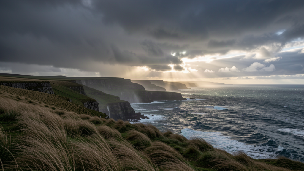 Dramatic Irish Atlantic coastline under rain clouds with a break of sun