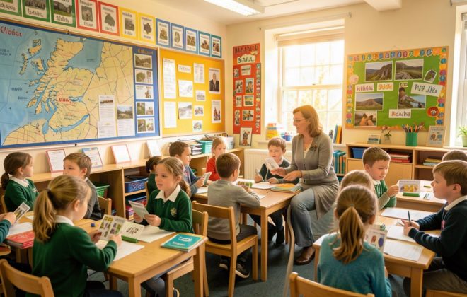 A bright Scottish primary classroom where children learn Gaelic with flashcards and a map of Scotland
