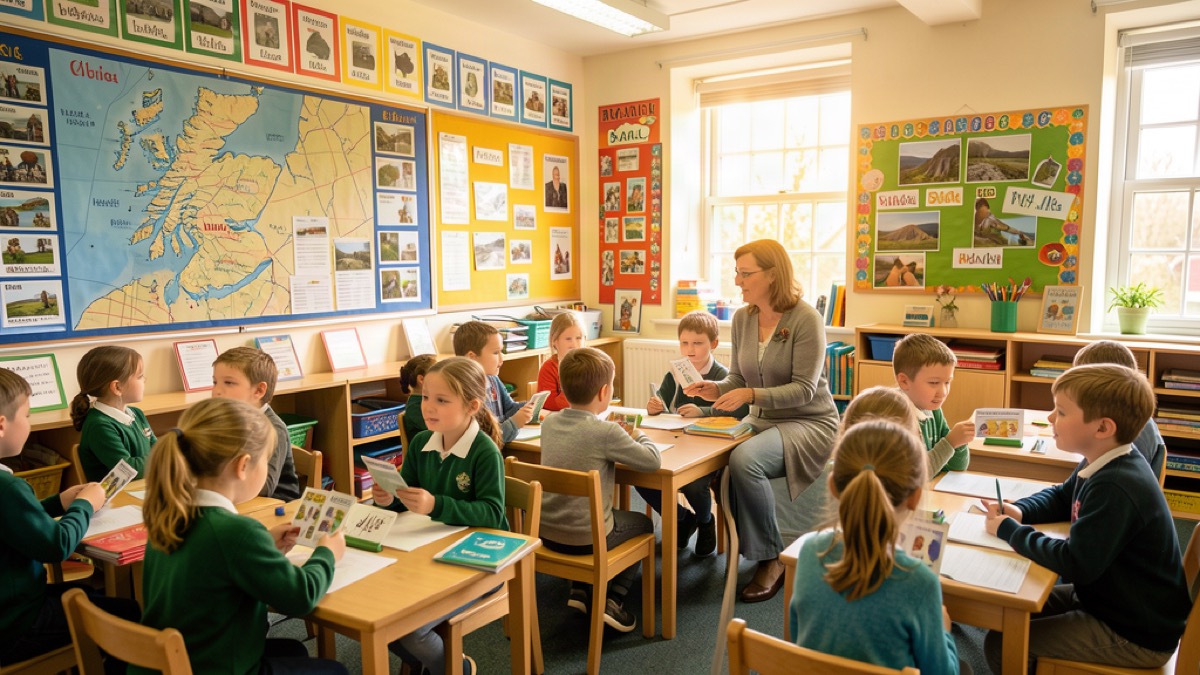 A bright Scottish primary classroom where children learn Gaelic with flashcards and a map of Scotland