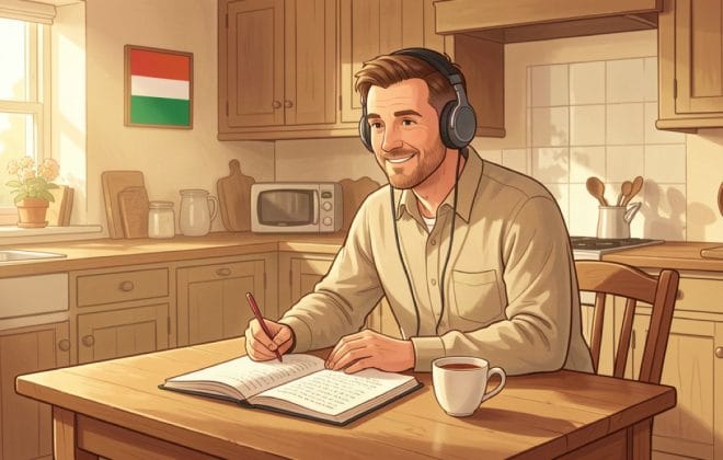Adult learner at an Irish kitchen table with headphones, a notebook and a cup of tea in morning light