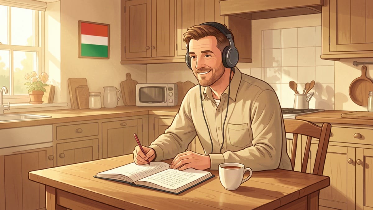 Adult learner at an Irish kitchen table with headphones, a notebook and a cup of tea in morning light
