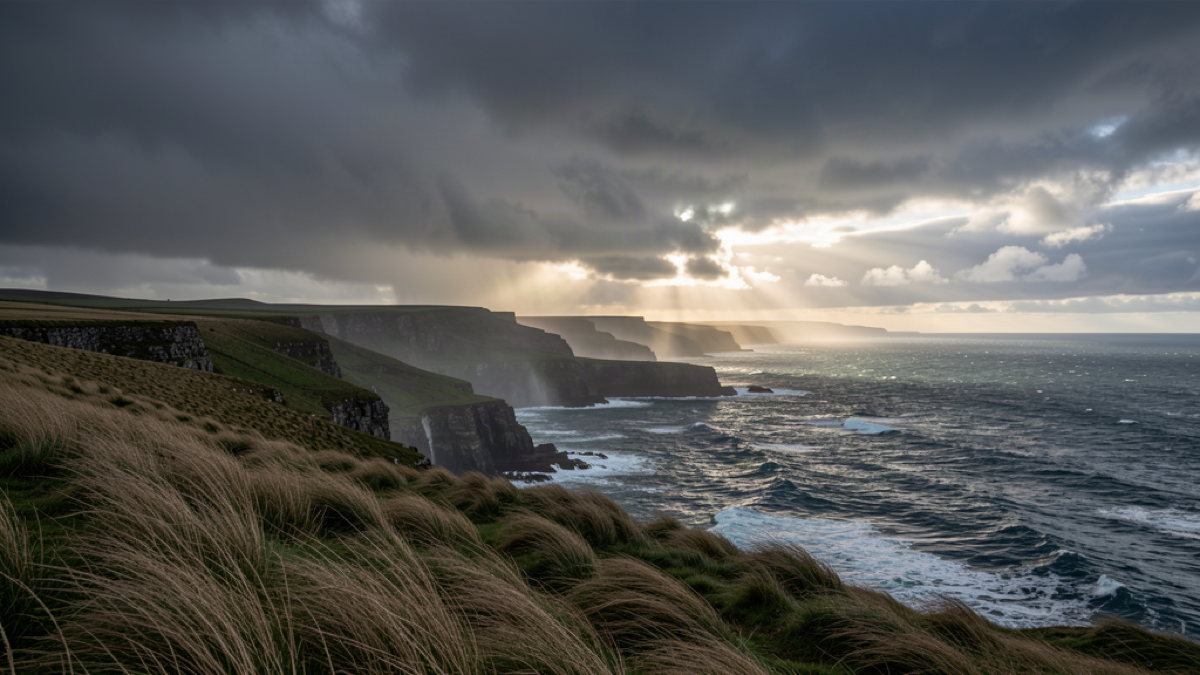 Dramatic Irish Atlantic coastline under rain clouds with a break of sun