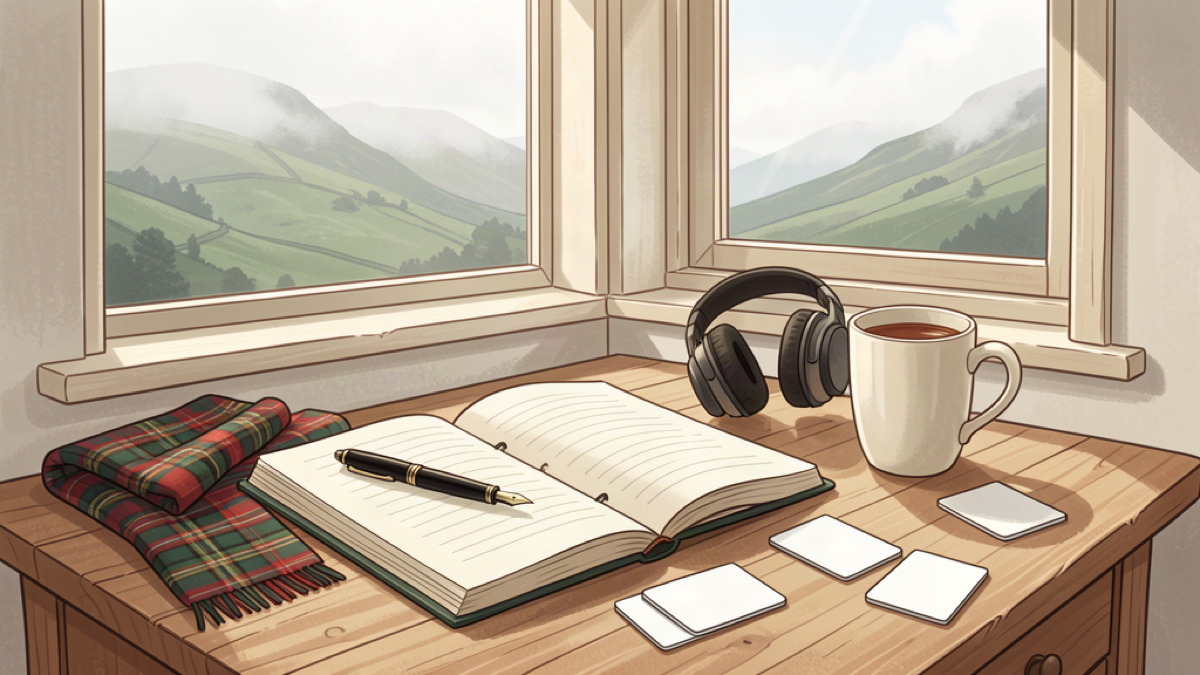 A calm Gaelic study corner with a notebook, headphones and tartan cloth by a misty window
